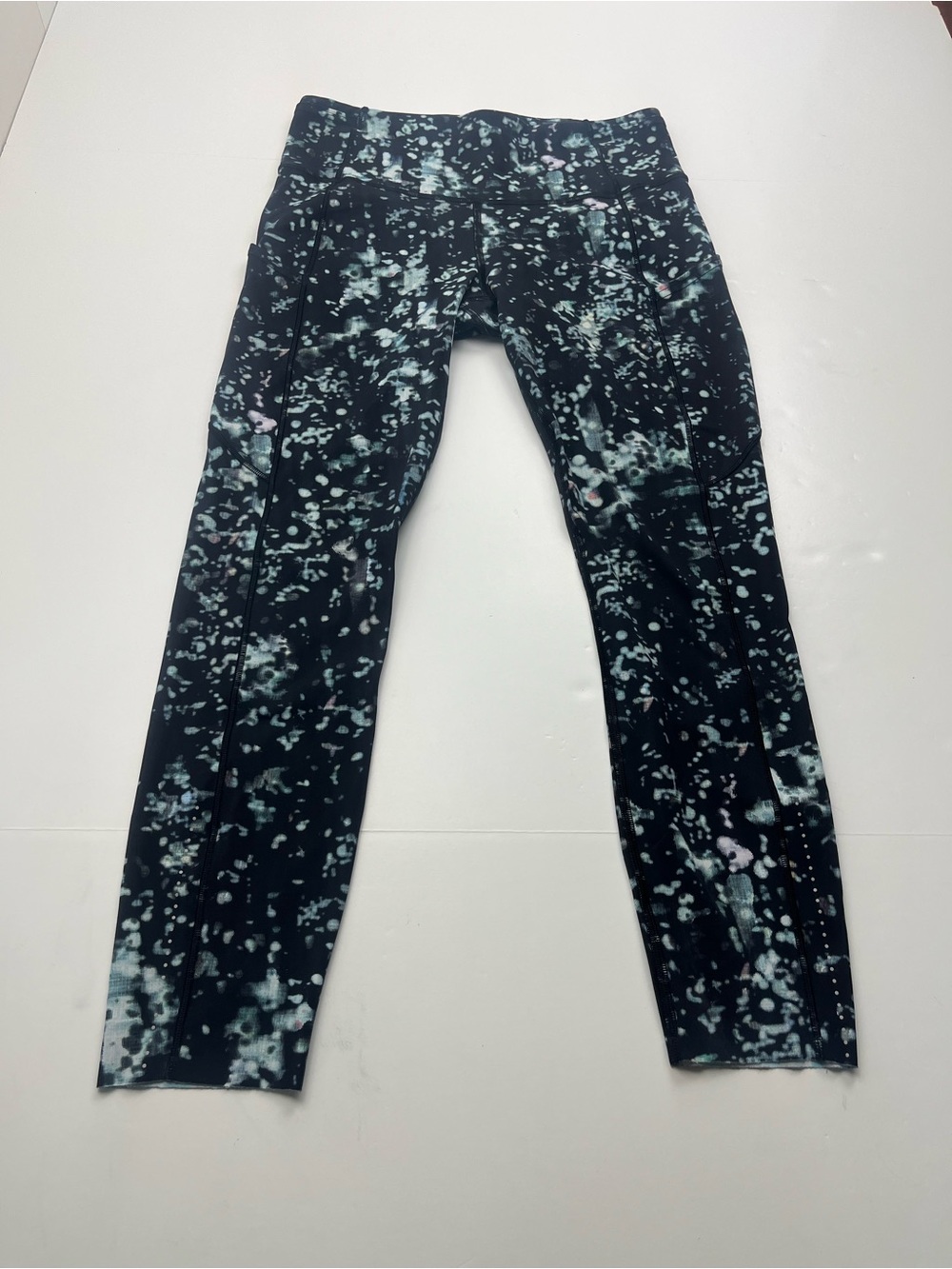 Lululemon Fast & Free II Black Active Leggings Blue White Splatter Womens Size 8